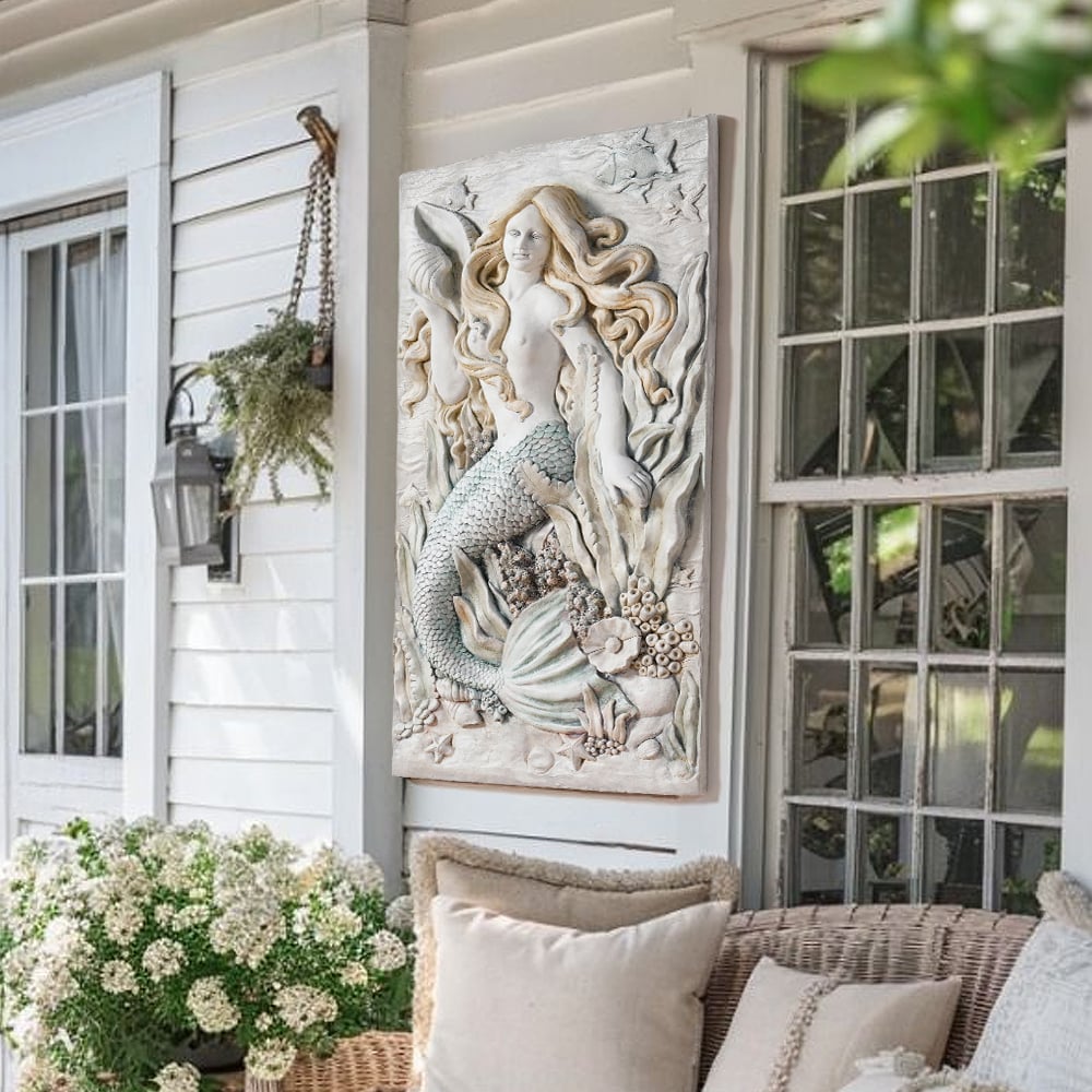Domande e risposte per Grande scultura decorativa da parete a forma di sirena per esterni, in resina, da 73,7 cm