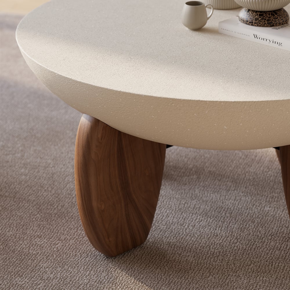 Curva Round Concrete Walnut Coffee Table with Wood Legs