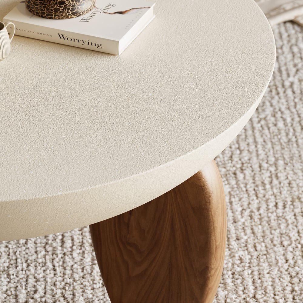 Curva Round Concrete Walnut Coffee Table with Wood Legs