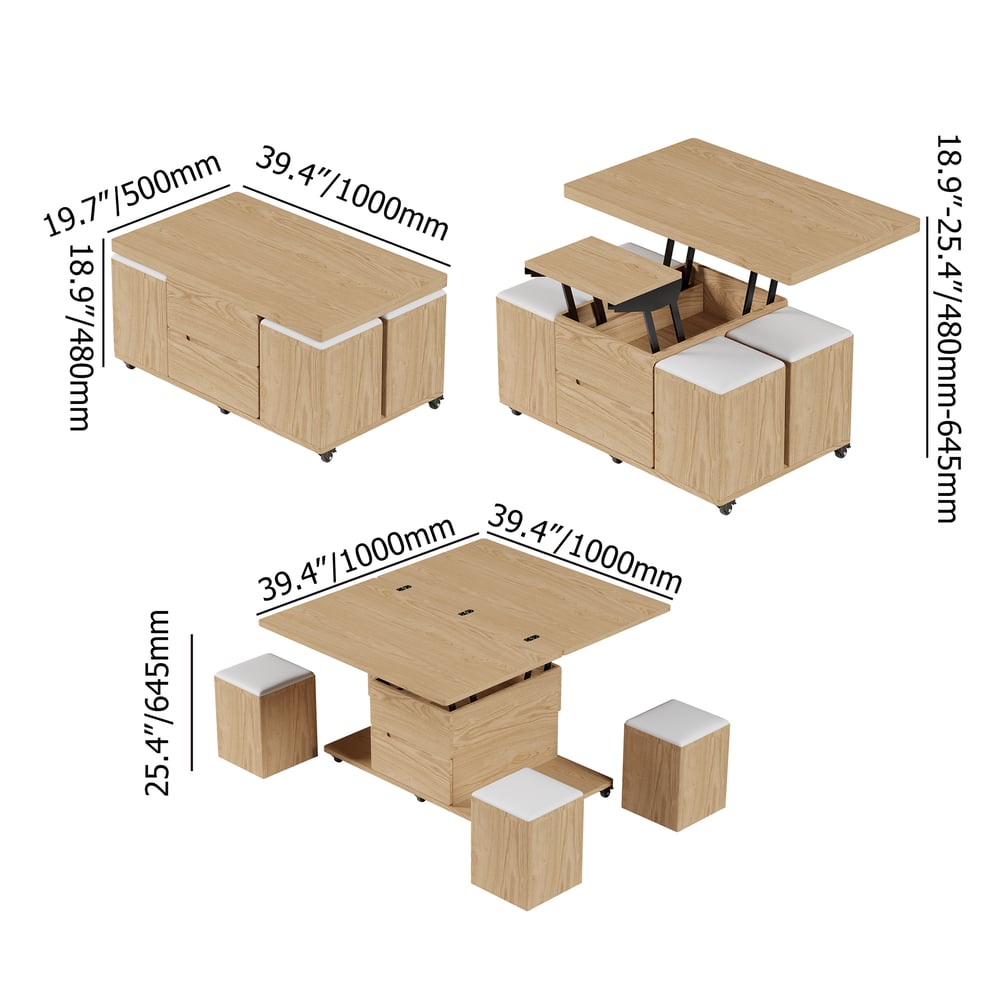 1000mm Lift-Top Foldable Natural Coffee Table with 4 Stools & Storage