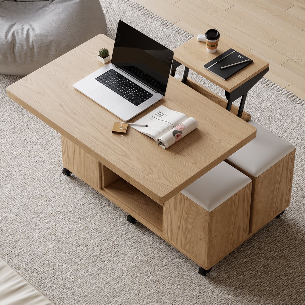 1000mm Lift-Top Foldable Natural Coffee Table with 4 Stools & Storage