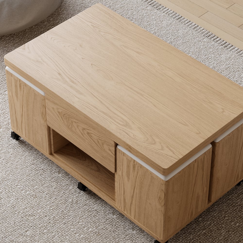 1000mm Lift-Top Foldable Natural Coffee Table with 4 Stools & Storage