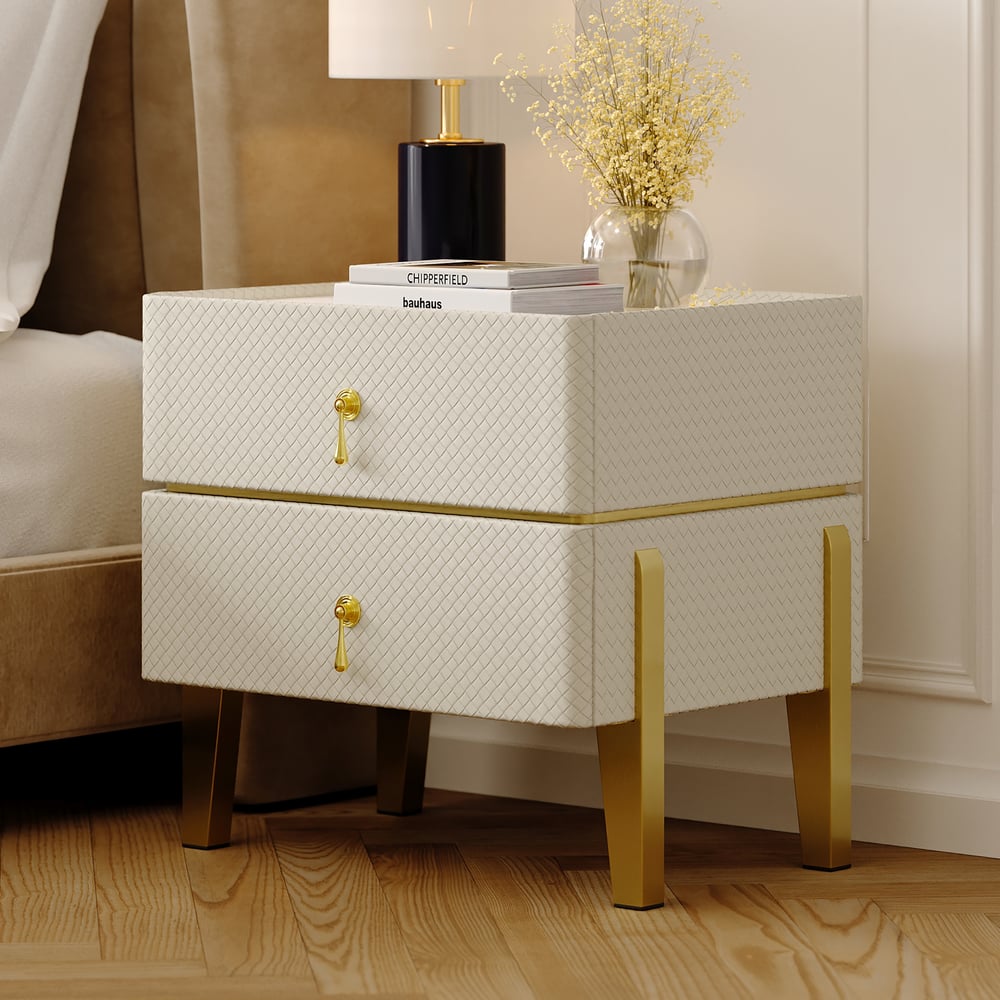 Questions and Answers for Modern White Smart Nightstand PU Leather 2 Drawer Bedside Table with Gold Legs