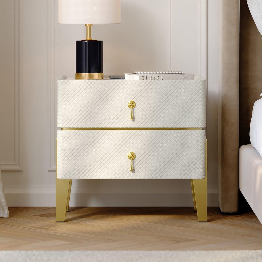 Questions and Answers for Modern White Smart Nightstand PU Leather 2 Drawer Bedside Table with Gold Legs