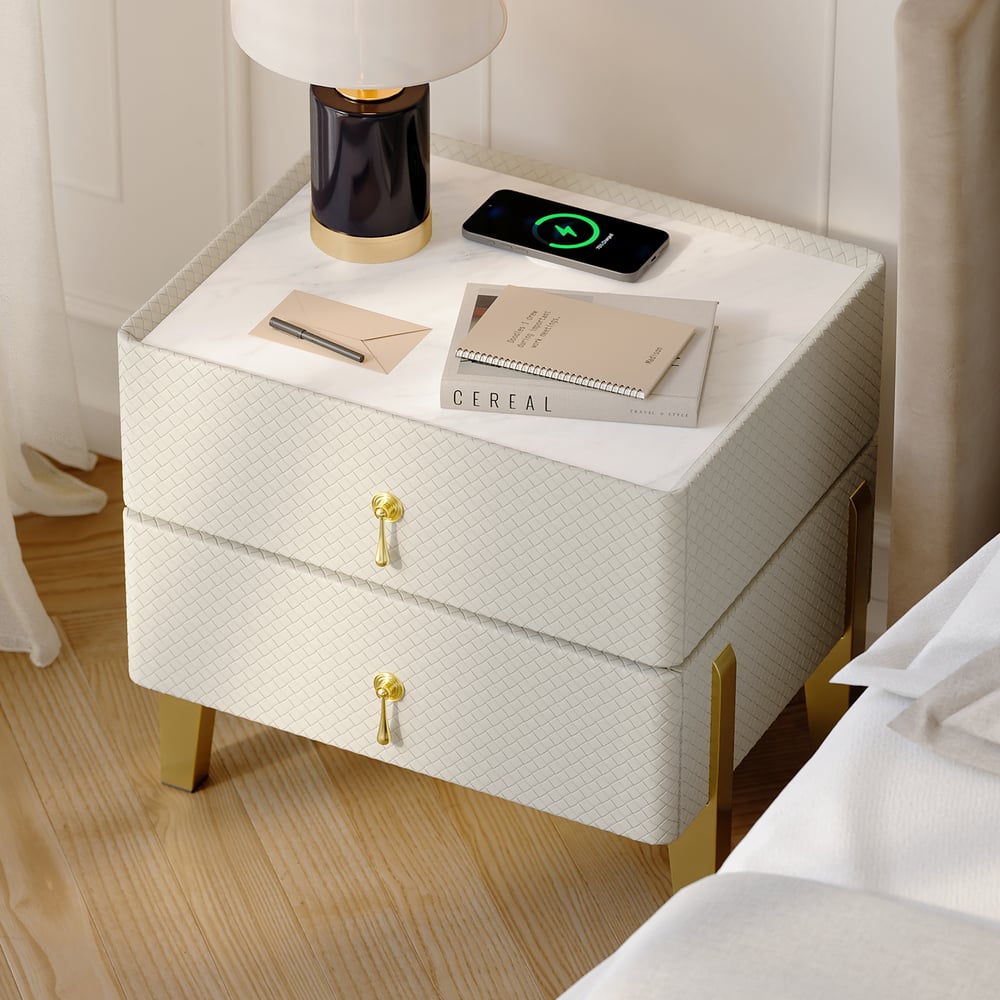 Questions and Answers for Modern White Smart Nightstand PU Leather 2 Drawer Bedside Table with Gold Legs