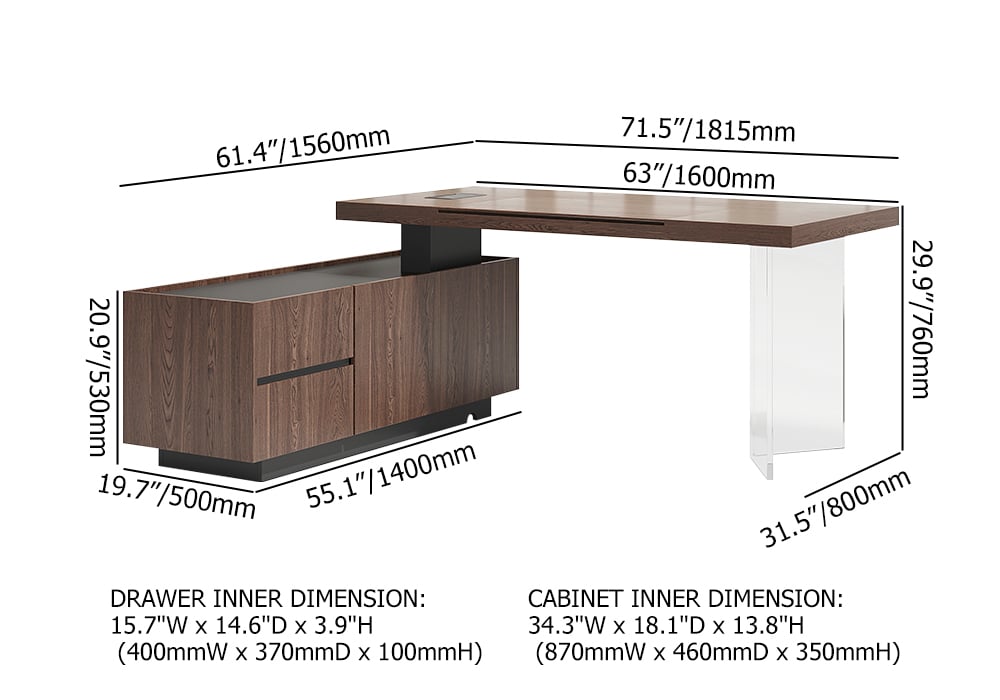 Set Modern Walnut Standing L-Shape Desk & Reclining Leather Office Desk Chair (71.5") weights dimensions image