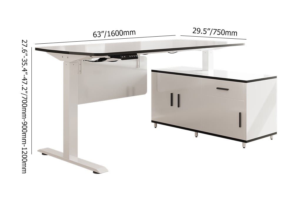 Modern White L-Desk Adjustable Electric Standing Desk Right Hand & Office Chair Set weights dimensions image