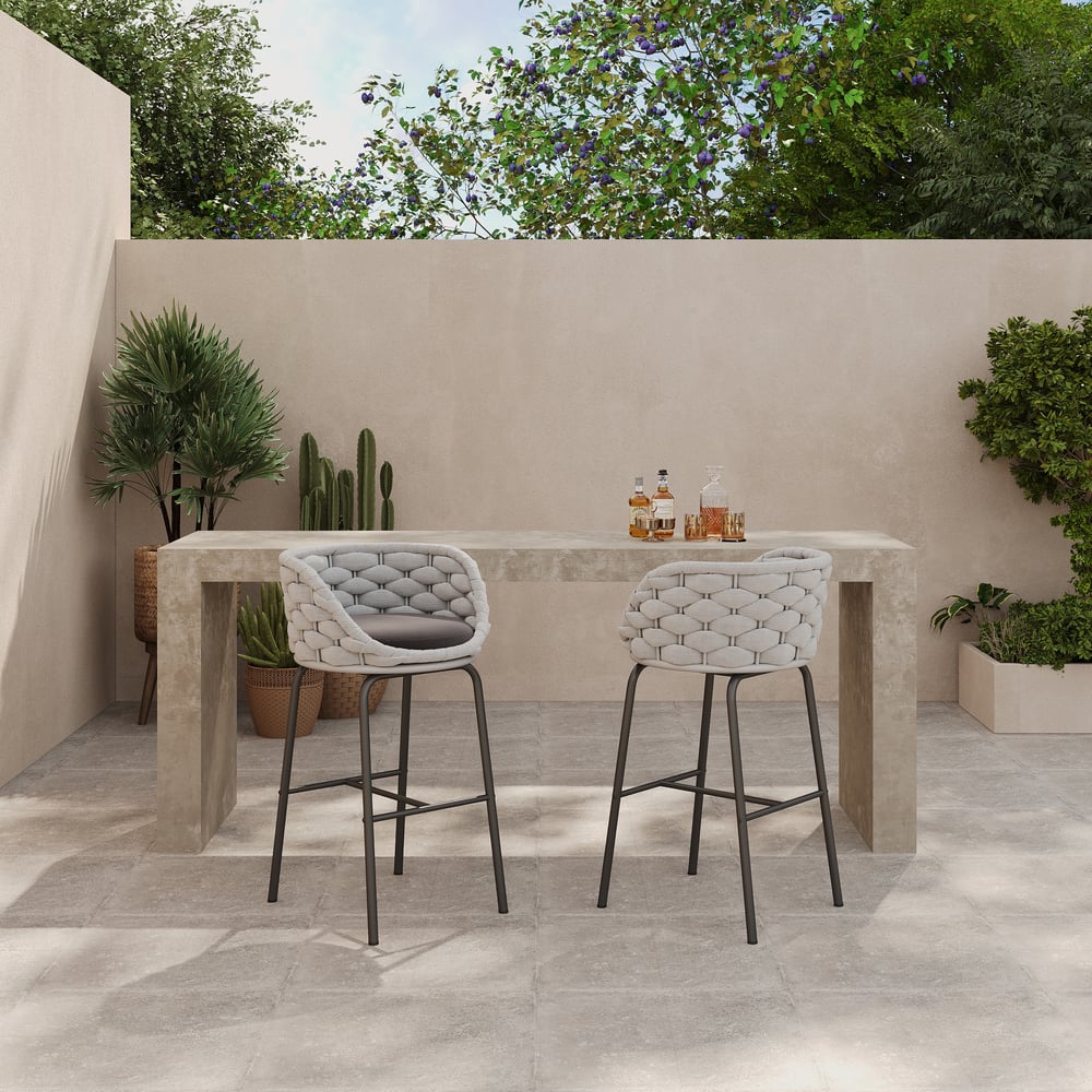 Questions and Answers for 2 Pieces Outdoor Chair Patio Woven Rope & Aluminum 960mm Bar Stools Set with Backs