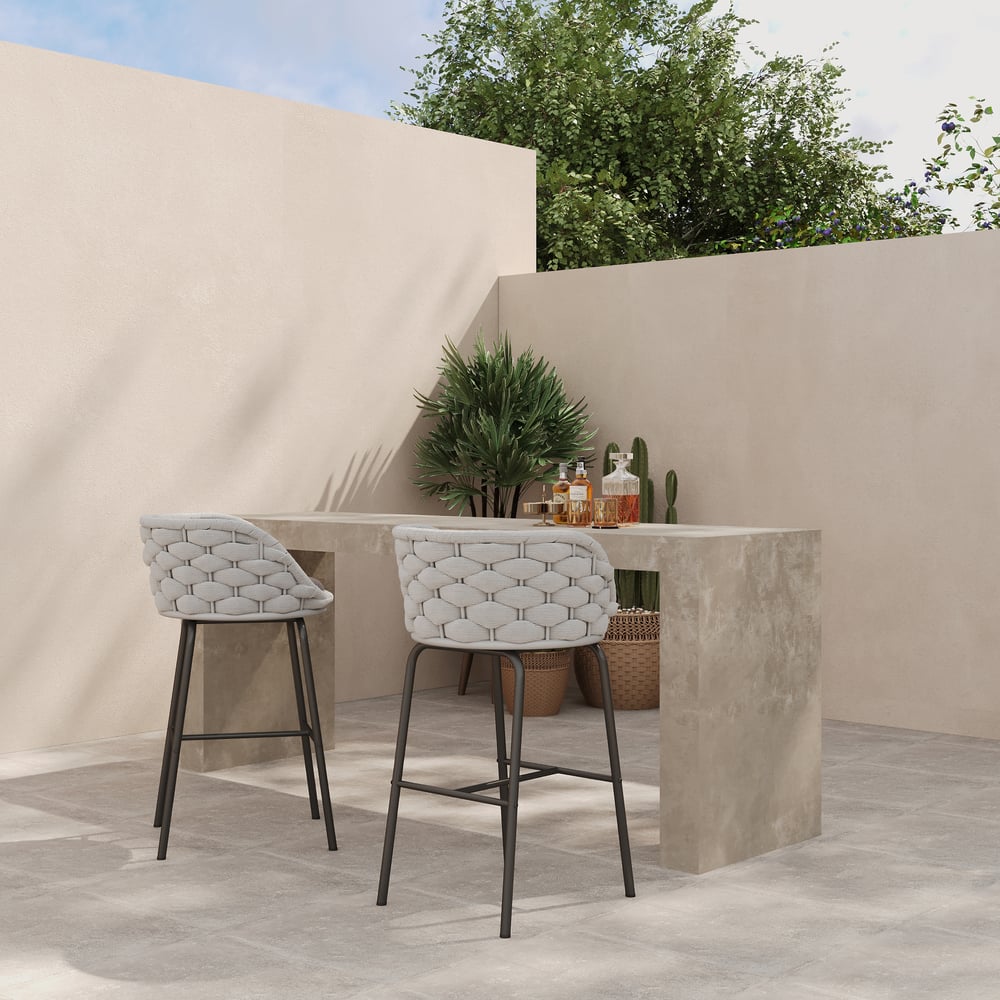 Questions and Answers for 2 Pieces Outdoor Chair Patio Woven Rope & Aluminum 960mm Bar Stools Set with Backs