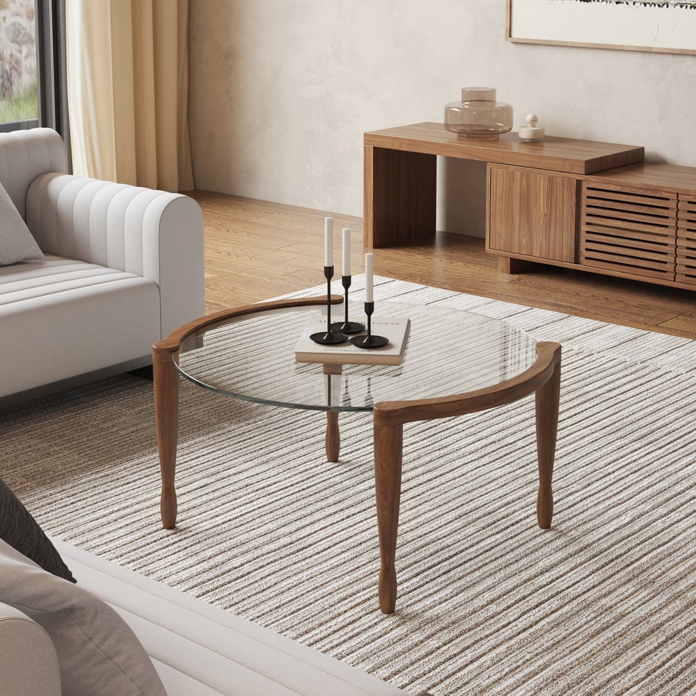 Questions et Réponses pour Table basse moderne du milieu du siècle en verre rond de 800 mm avec pieds en bois