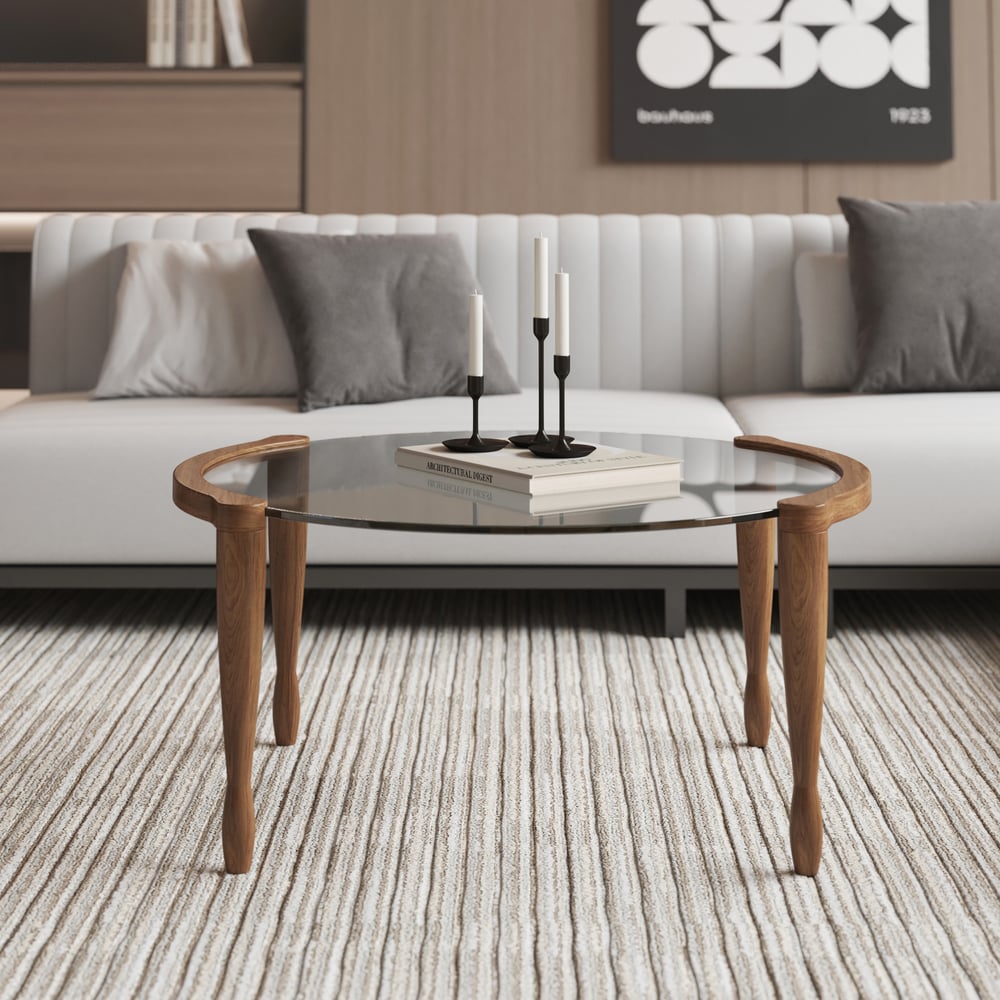 Questions et Réponses pour Table basse moderne du milieu du siècle en verre rond de 800 mm avec pieds en bois