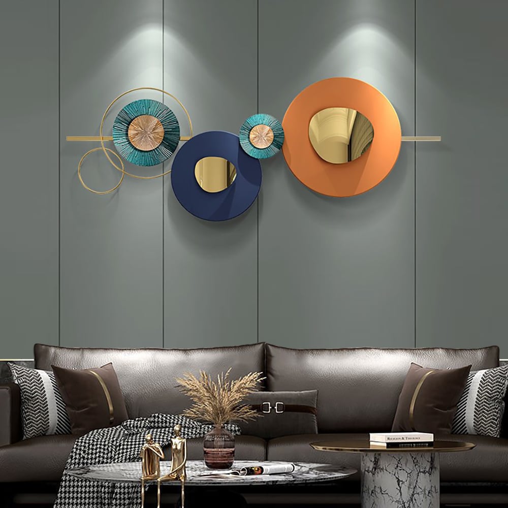 Questions and Answers for 59.1" x 22.8" Modern Metal Wall Decor Home Wall Art Orange & Gold & Blue Living Room