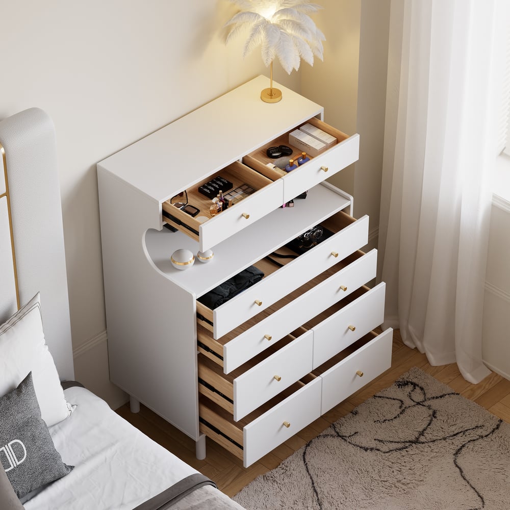 Questions and Answers for Modern White Bedroom Dresser with 8 Drawers Buffet Chest Cabinet with Storage