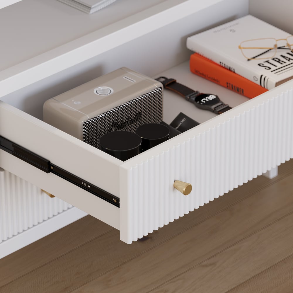 Stria White Fluted 6-Drawer Dresser & 2 Wide Nightstands Set Stria White Fluted 6-Drawer Dresser & 2 Wide Nightstands Set window image