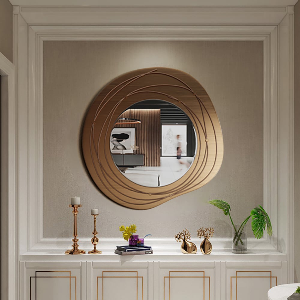 Questions et Réponses pour Miroir mural rond en métal encadré doré de 800 mm avec décoration de lignes abstraites