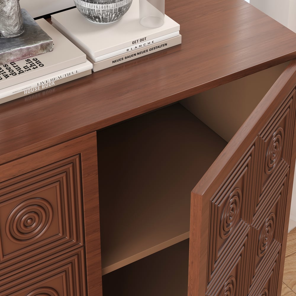 63'' Brown Wood Carved Modern Sideboard Cabinet