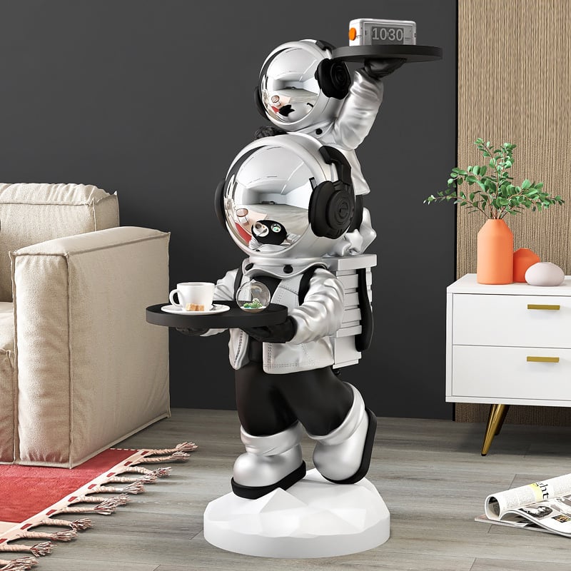 Questions et Réponses pour Figurine d'astronaute en résine, table d'appoint argentée avec plateau