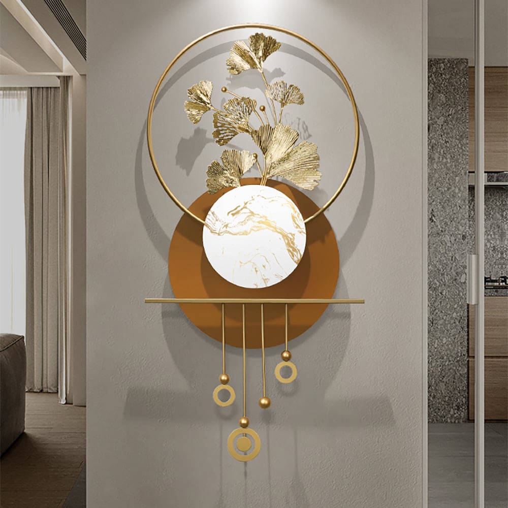 Fragen und Antworten zu 1180 mm modernes geometrisches 3D-Wandbild aus goldenem Metall mit Ginkgoblatt und Marmorakzent