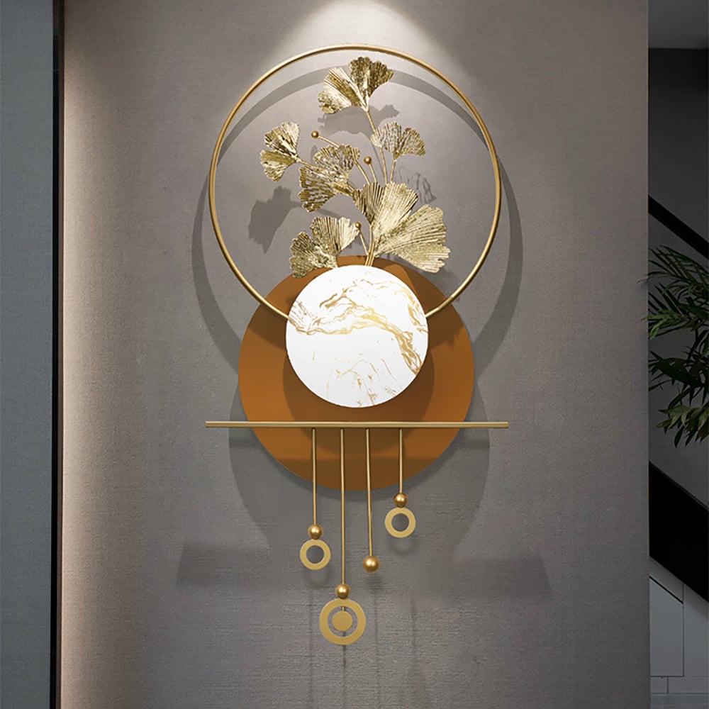 Fragen und Antworten zu 1180 mm modernes geometrisches 3D-Wandbild aus goldenem Metall mit Ginkgoblatt und Marmorakzent