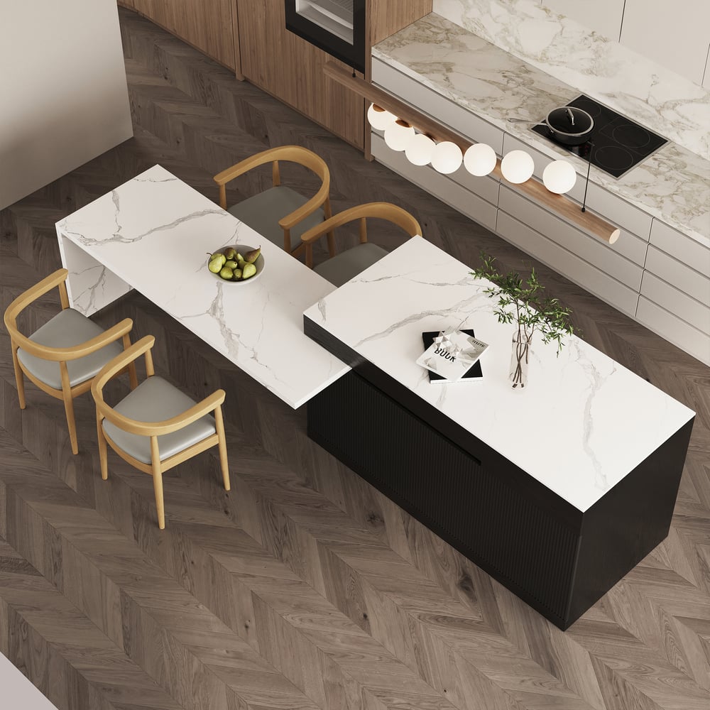 Otázky a odpovědi pro Moderní černý kuchyňský ostrůvek s výsuvným a otočným stolem