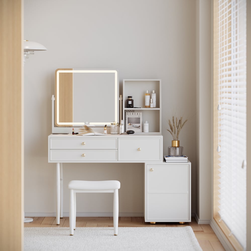 Questions et Réponses pour Ensemble table de maquillage en cuir blanc de 1000 mm avec miroir LED avec chargeur