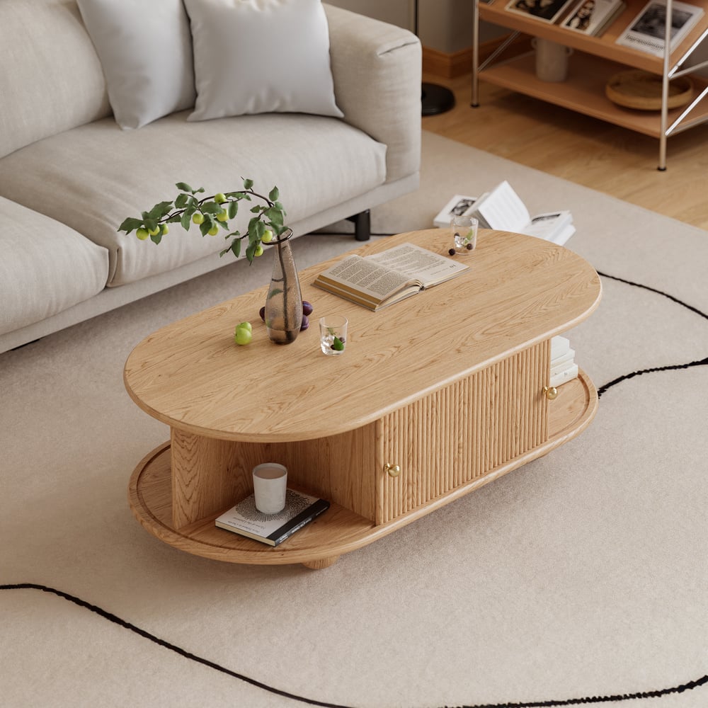 Customer Reviews for Stria 47" Modern Oval Natural Solid Wood Fluted Coffee Table with Storage