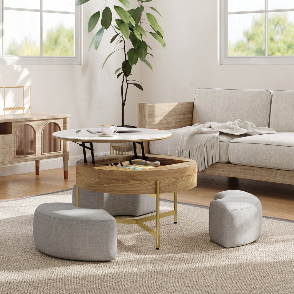 Customer Reviews for Round Lift-Top Wood Coffee Table Set with Storage White & Natural with Stools