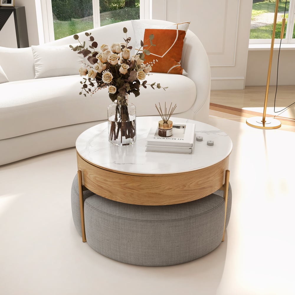 Customer Reviews for Round Lift-Top Wood Coffee Table Set with Storage White & Natural with Stools