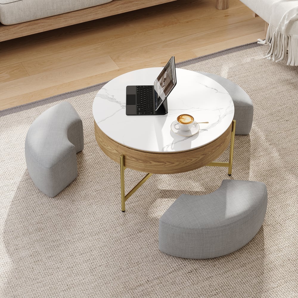 Customer Reviews for Round Lift-Top Wood Coffee Table Set with Storage White & Natural with Stools