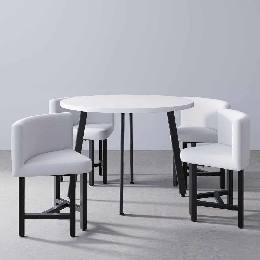 Vragen en antwoorden voor Kleine ronde houten eettafel van 1000 mm met 4 wit gestoffeerde stoelen