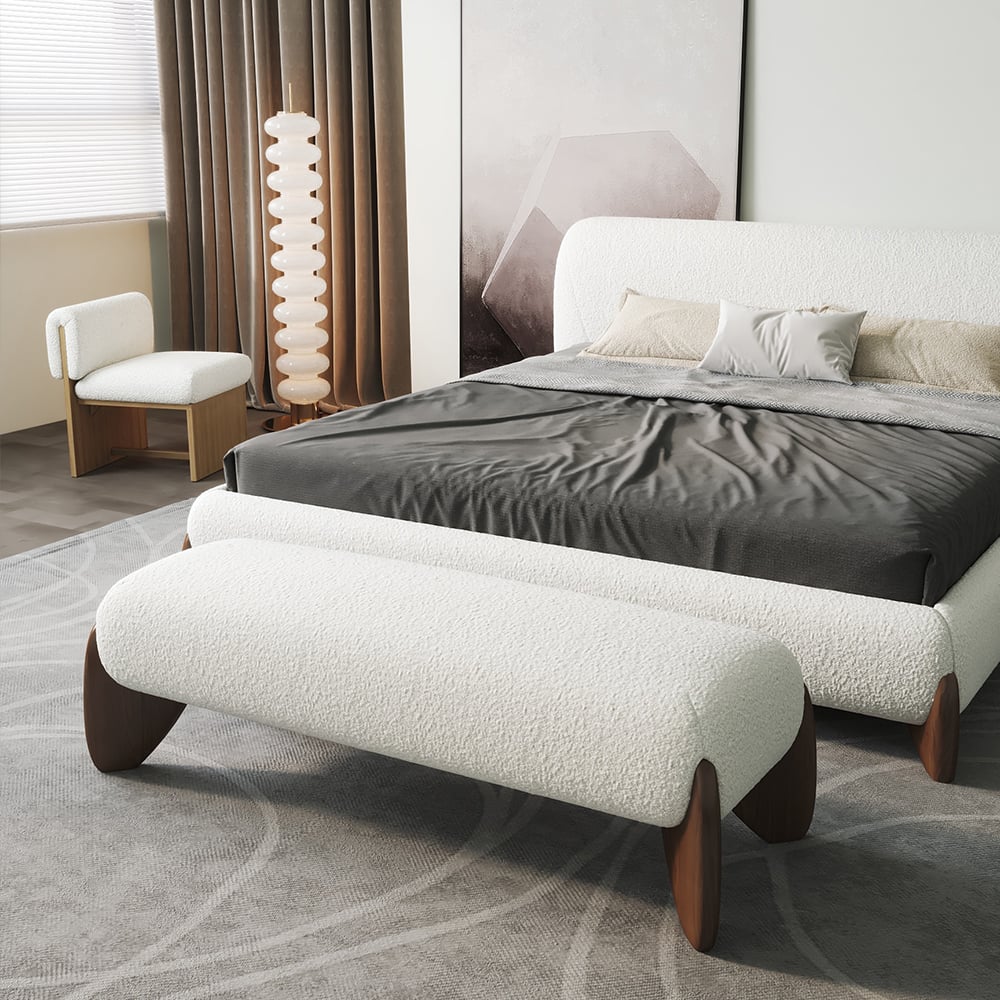 Curva White Boucle Platform King Size Bed & Bedroom Bench Set window image