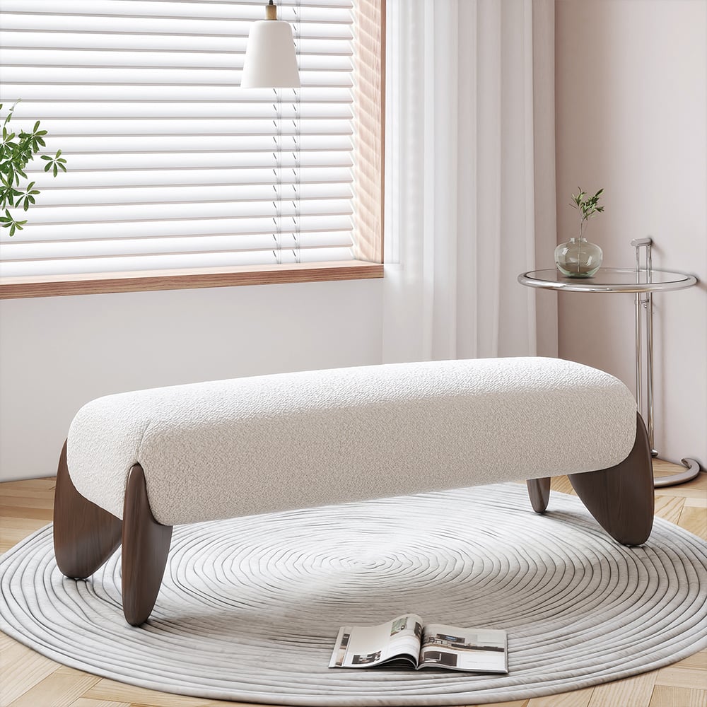 Curva White Boucle Platform King Size Bed & Bedroom Bench Set window image