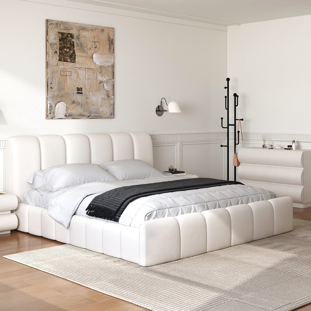 Humply White Leather King Bed Frame & 6-Drawer Dresser Set Humply White Leather King Bed Frame & 6-Drawer Dresser Set window image
