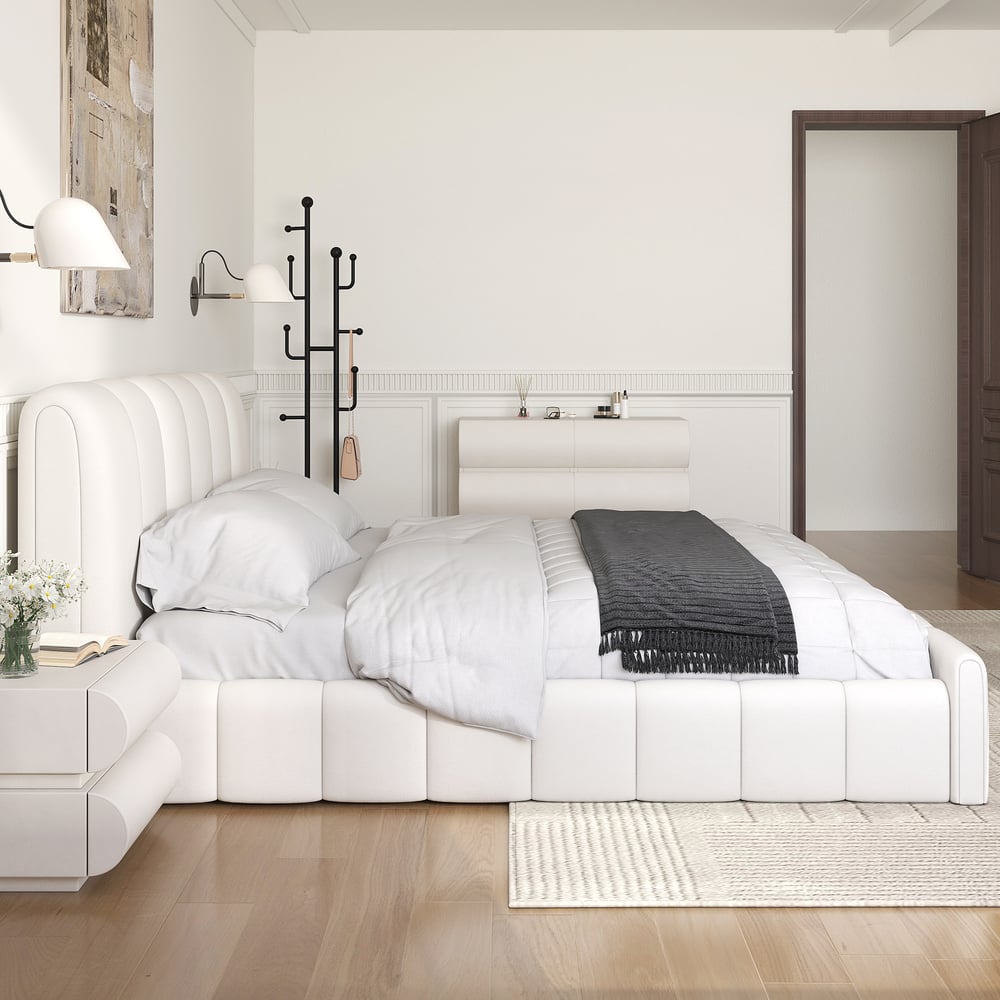 Humply White Leather King Bed Frame & 6-Drawer Dresser Set Humply White Leather King Bed Frame & 6-Drawer Dresser Set window image
