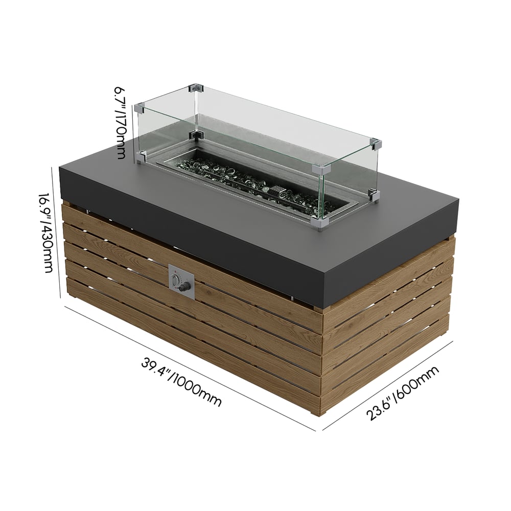 5-Pieces Modular Teak Outdoor Sofa Set with Smokeless Fire Pit for 6 Person in Gray