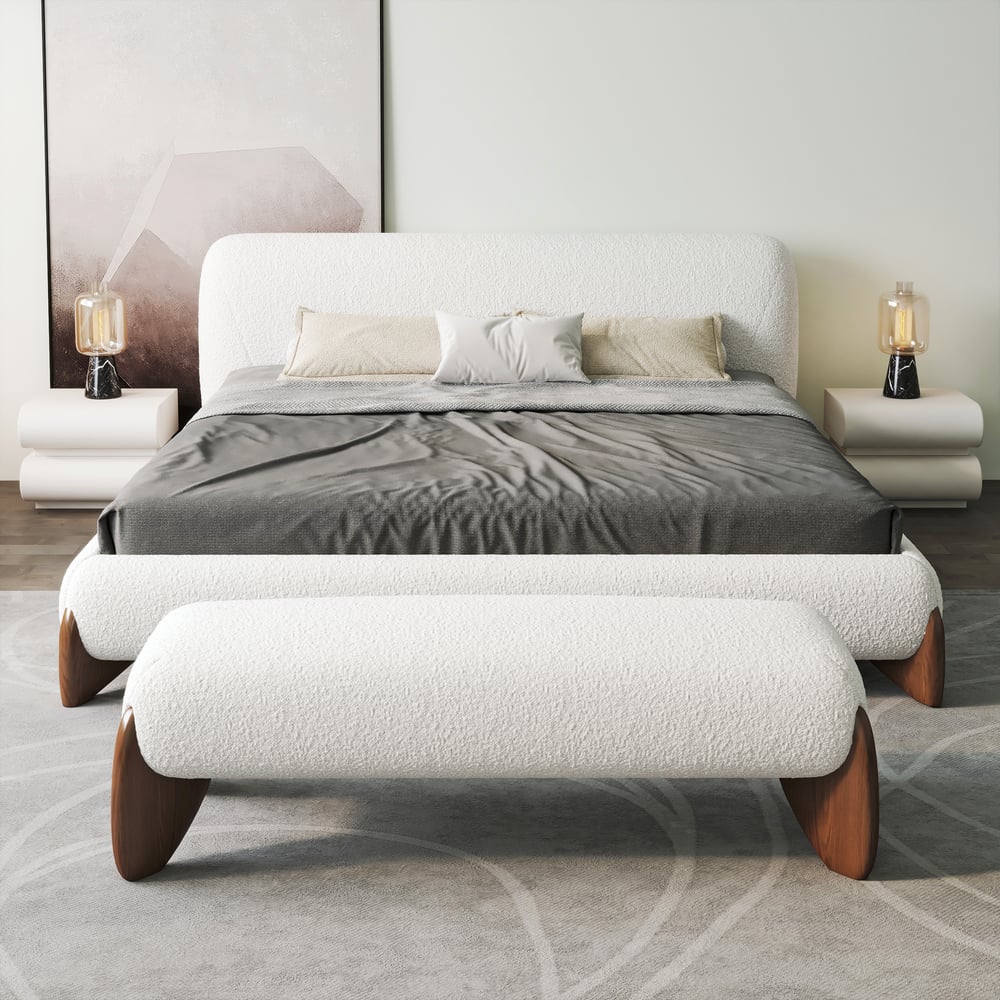 Curva White Boucle Platform King Size Bed & Bedroom Bench Set window image