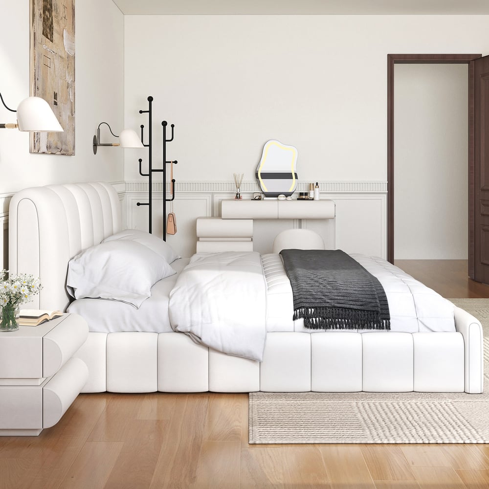 Humply White Leather Wingback King Bed Frame & Makeup Vanity Set window image