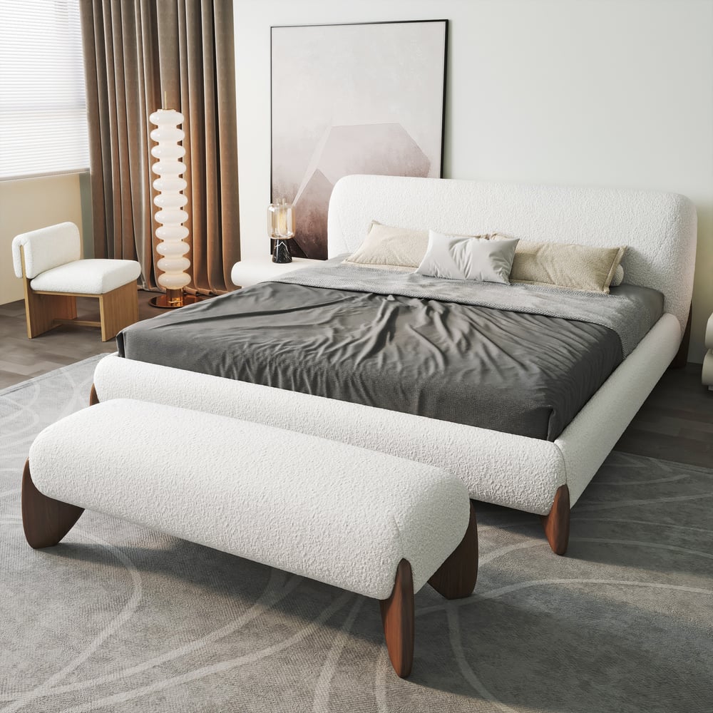 Curva White Boucle Platform King Size Bed & Bedroom Bench Set window image