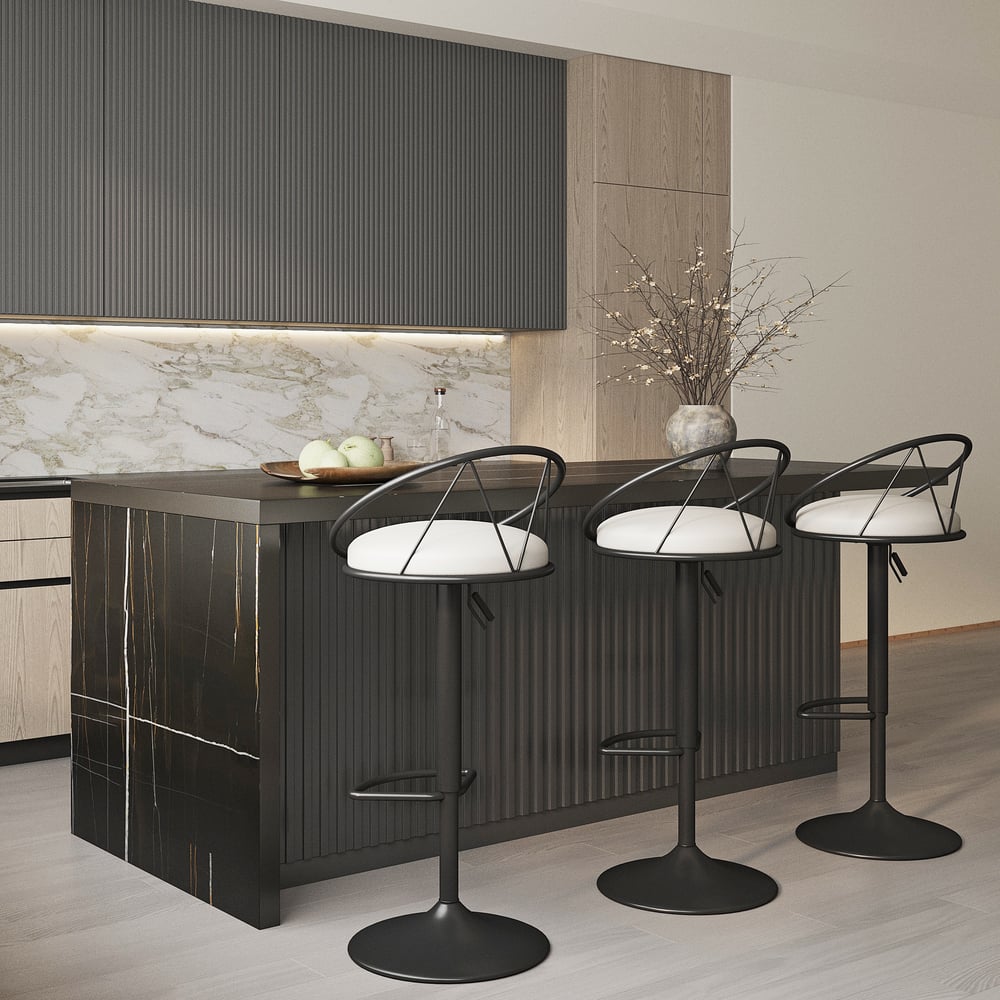 Questions et Réponses pour Îlot de cuisine moderne de 1830 mm avec 2 tabourets de bar en cuir PU avec dossier