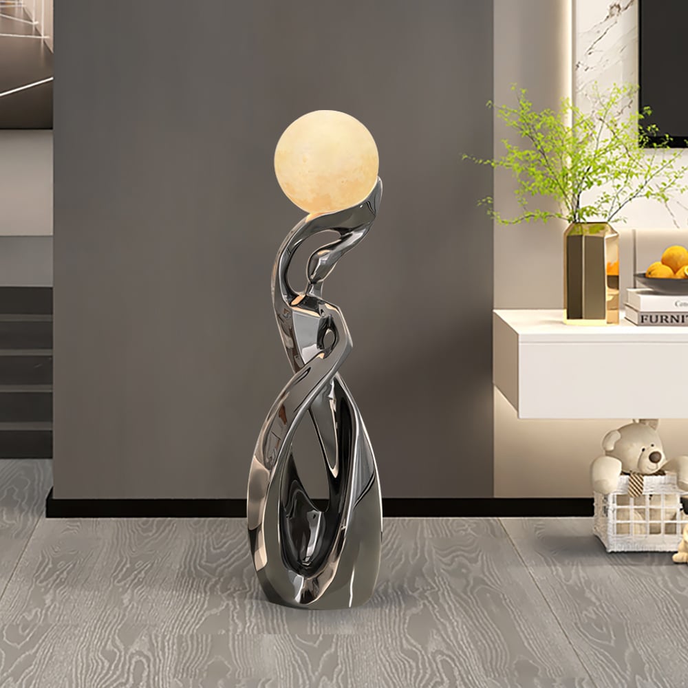 9" x 32" Silver Sculpture with Illuminated Sphere Art Decor