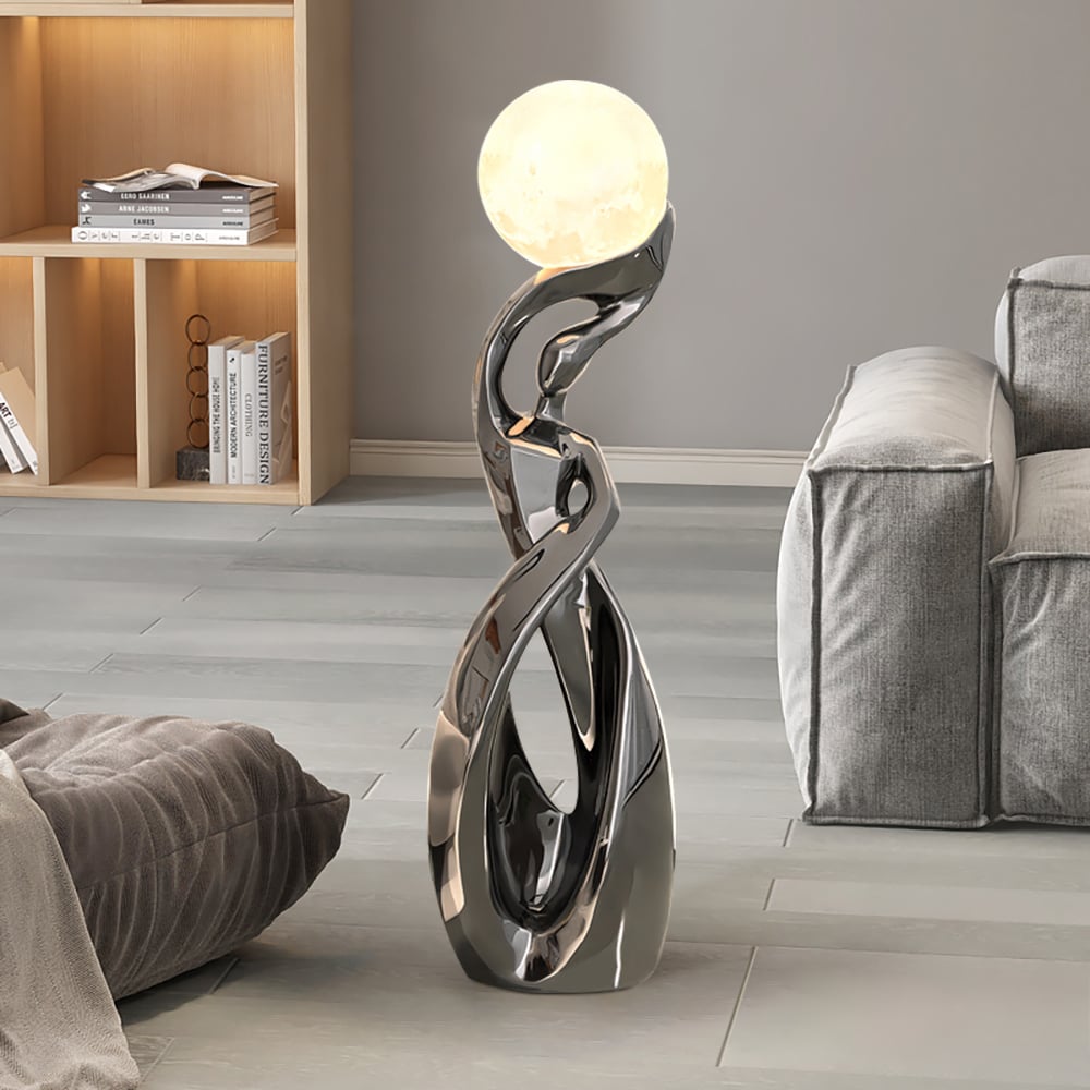 9" x 32" Silver Sculpture with Illuminated Sphere Art Decor