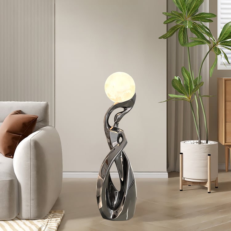 9" x 32" Silver Sculpture with Illuminated Sphere Art Decor
