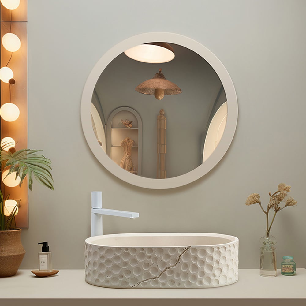 Vragen en antwoorden voor Ovale aanrechtwastafel van 605mm steenhars Japandi wastafel