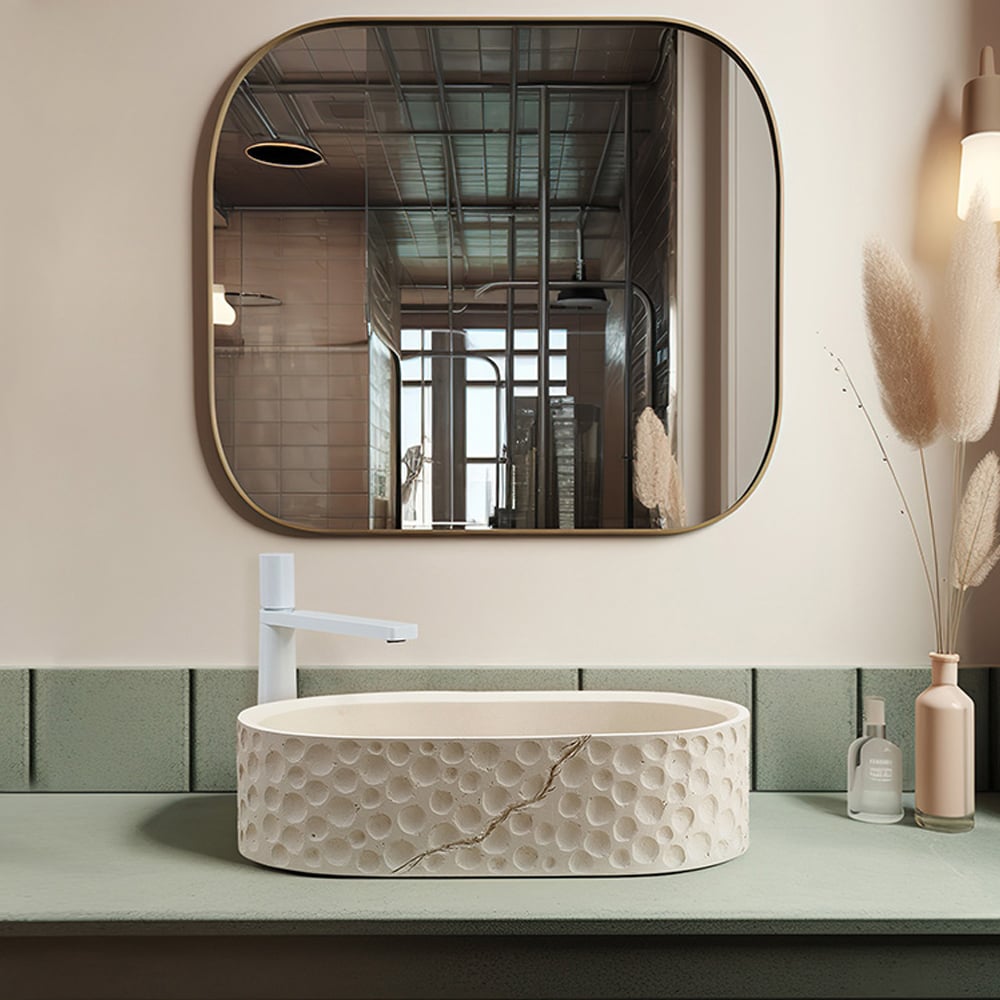 Vragen en antwoorden voor Ovale aanrechtwastafel van 605mm steenhars Japandi wastafel