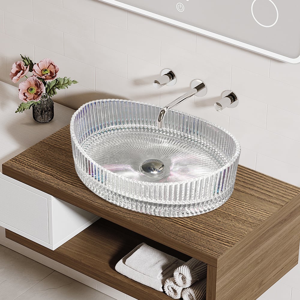 Customer Reviews for 25" Crystal Glass Vessel Sink Oval Transparent Fluted Washbasin