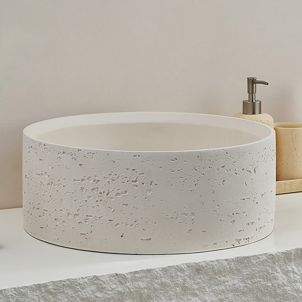 Questions et Réponses pour Lavabo de comptoir rond Janpadi en résine de pierre 405 mm