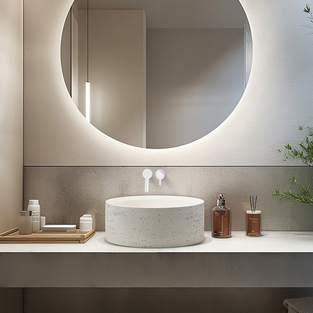 Questions et Réponses pour Lavabo de comptoir rond Janpadi en résine de pierre 405 mm