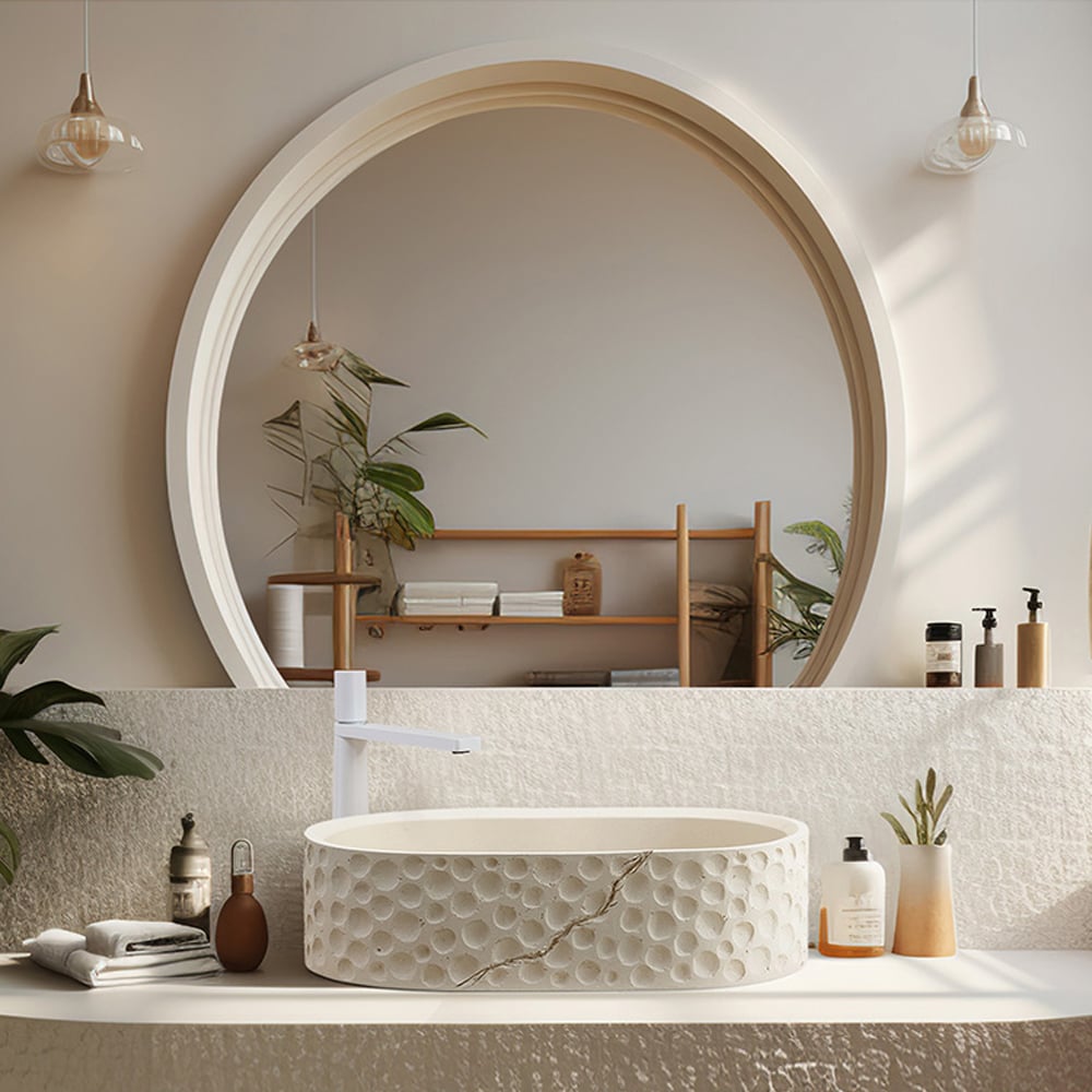 Vragen en antwoorden voor Ovale aanrechtwastafel van 605mm steenhars Japandi wastafel