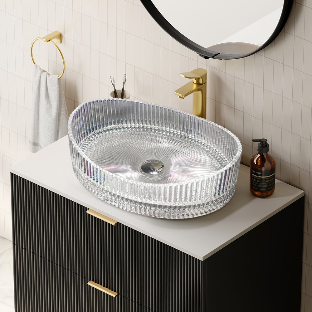 Customer Reviews for 25" Crystal Glass Vessel Sink Oval Transparent Fluted Washbasin