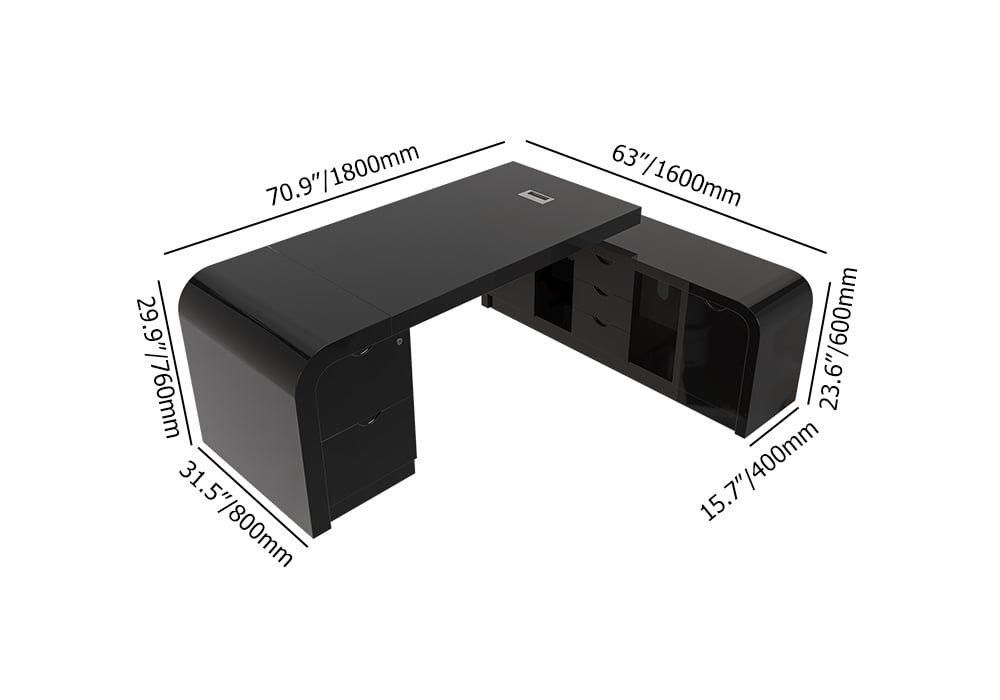 70.9" Black L-shaped Modern Executive Desk Right Hand & Reclining Leather Office Chair weights dimensions image